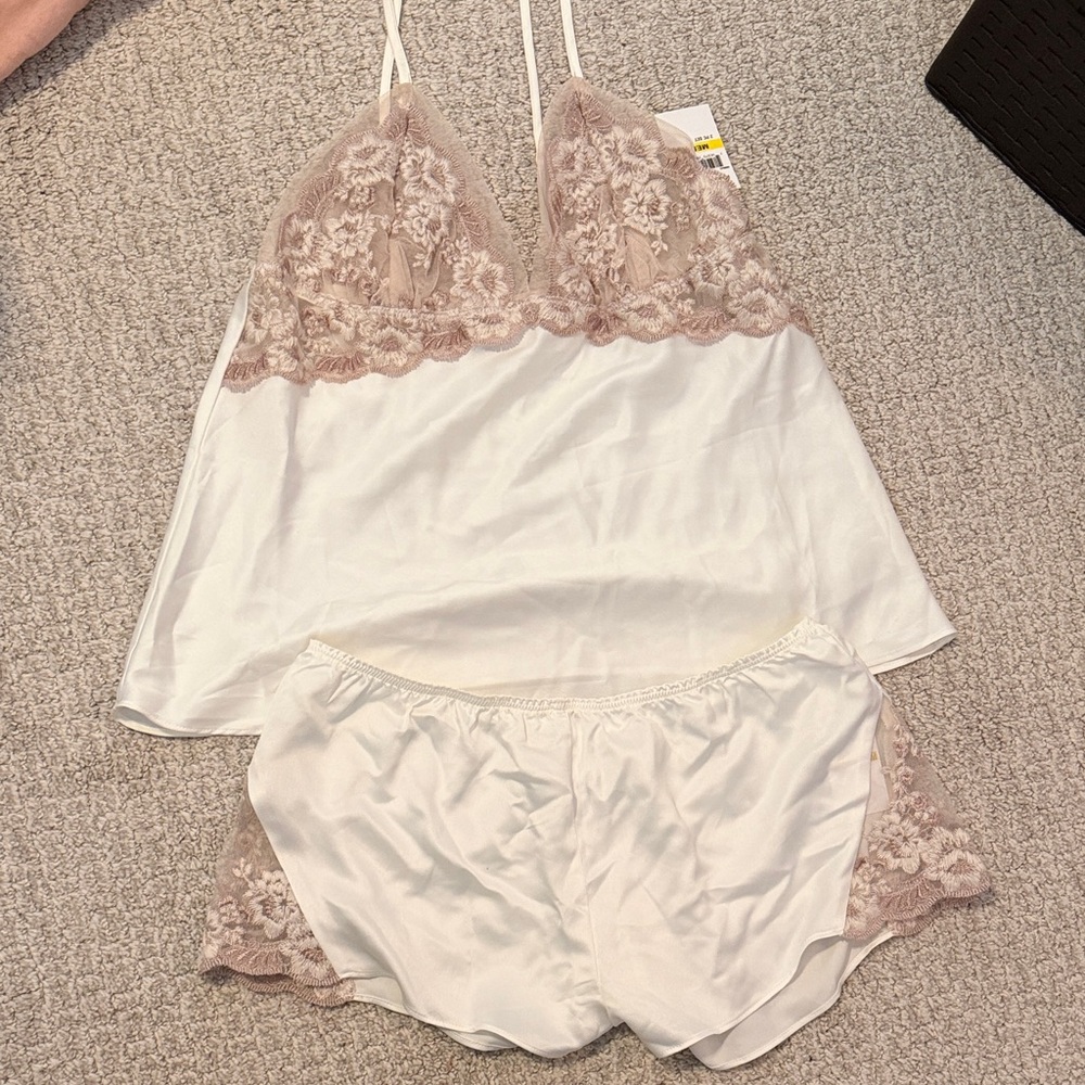 Flora Nikrooz Lace Trim Satin Chemise Set - White and Pink